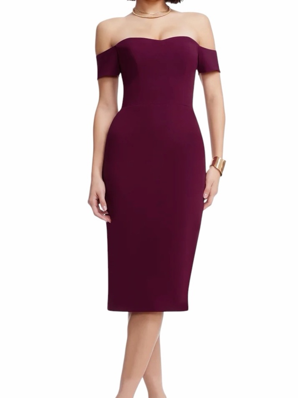 DRESS THE POPULATION Bailey Dress Off-Shoulder Bodycon Midi Dark Magenta M